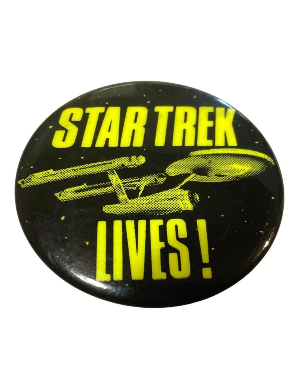 Vintage Star Trek Lives! Pinback Button 2" Metal Collectible Black & Yellow